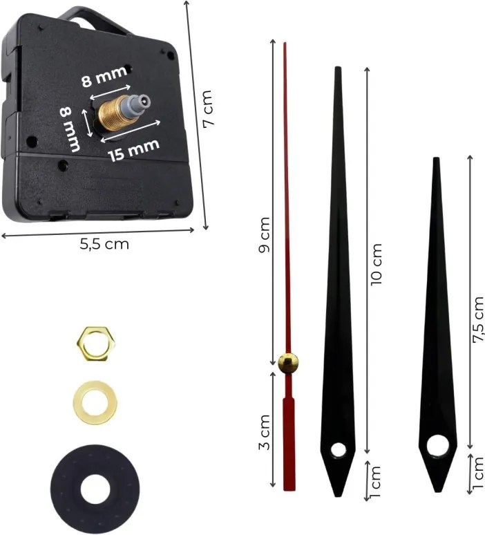 Fekete hegyes alumínium óramutatók piros másodpercmutatóval 11 / 8,5 cm