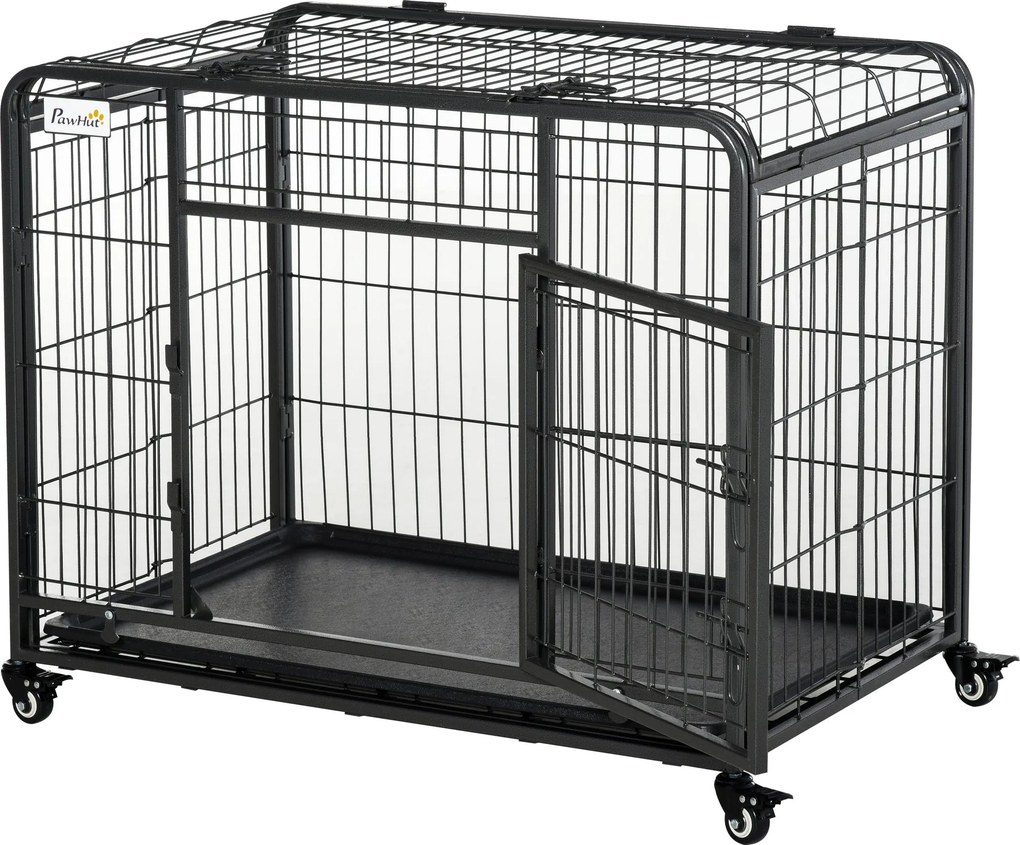 PawHut Összecsukható Kutya Ketrec Szállító Ketrec Kerekeken 2 Zárható Ajtóval és Kivehető Tálcával 94L x 58W x 69.5H cm Fém Szürke Fekete | Aosom