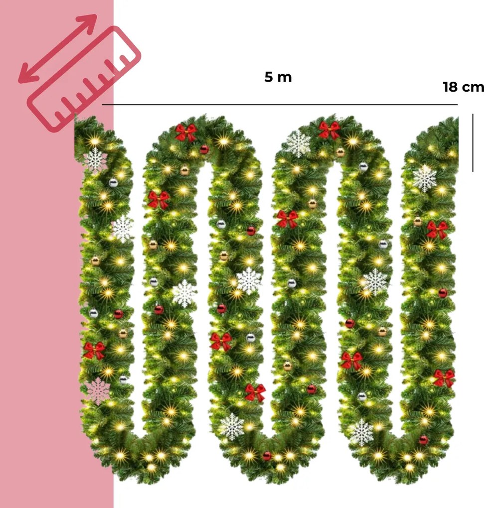 Jurhan ANDREA karácsonyi girland világítással, díszített, 5m, zöld