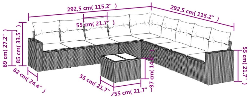 10 részes barna polyrattan kerti ülőgarnitúra párnákkal