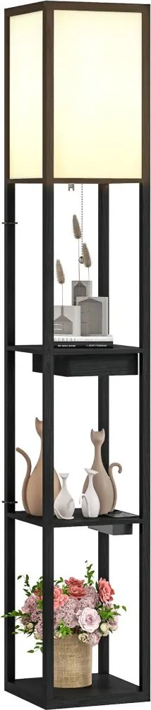 HOMCOM Állólámpa 3-szintes polccal, lábkapcsolóval, USB portokkal, MDF, fekete