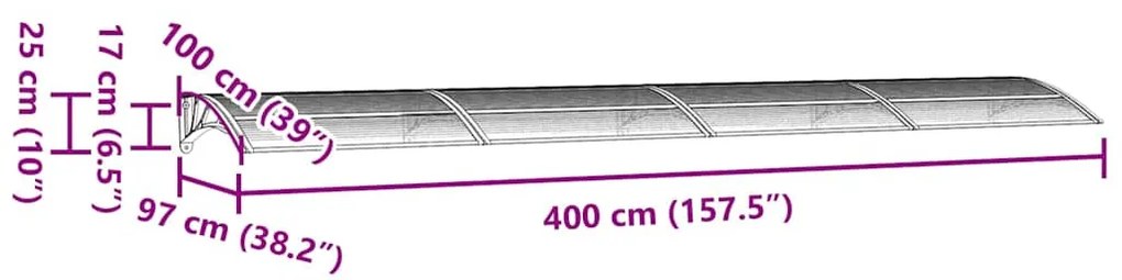 szürke polikarbonát ajtóelőtető 400 x 100 cm