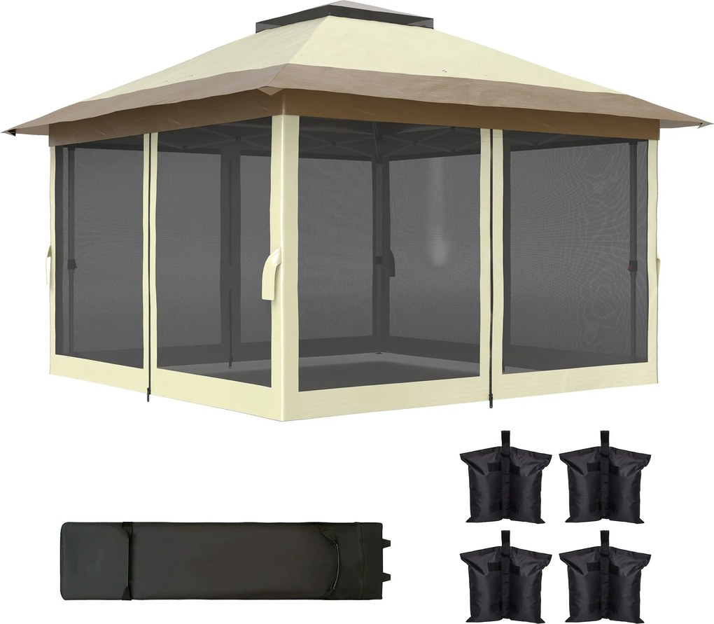 Outsunny Összecsukható Pavilon 3.6x3.6m Gyorsan Felállítható Napernyő 4 Hálós Oldalfallal UV Védelem Állítható Magasságú Homokzsákokkal és Hordozótásk