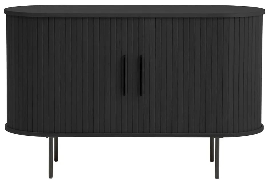 Fekete komód tolóajtóval, tölgyfa dekorral 120x76x45 cm Nola – Unique Furniture