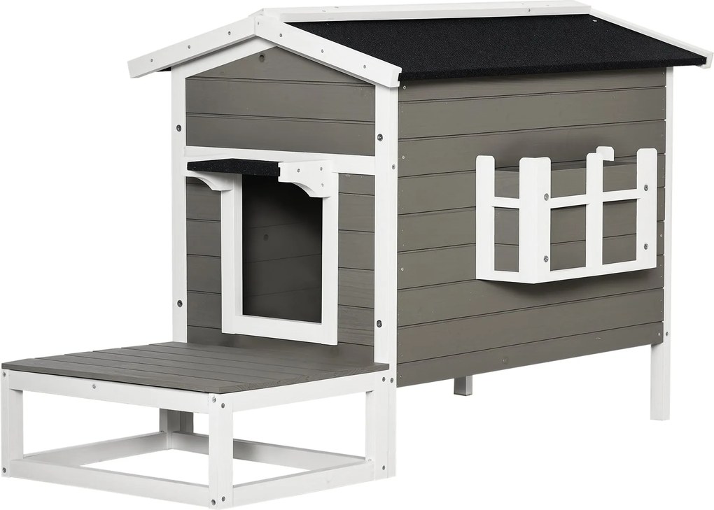 PawHut Fa Macska Ház Télen Is Tűrő, Vízálló Macska Kalap, Aszfalt Tetővel, Terasszal - Macska Barlang, Macska Doboz Kültéri Menedék, Kertbe, Erkélyre