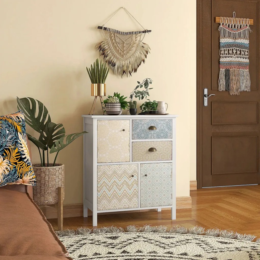HOMCOM Tálalószekrény, shabby chic fiókos komód, 2 fiók, 3 szekrényrekesz, fenyőfa, fehér