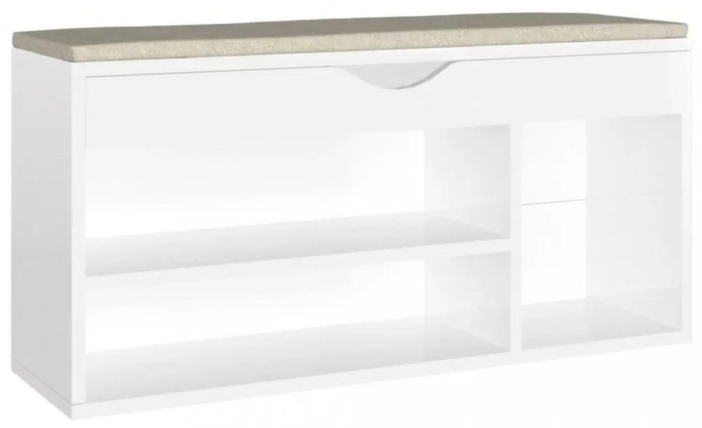 magasfényű fehér szerelt fa cipőtároló pad párnával 104x30x49cm