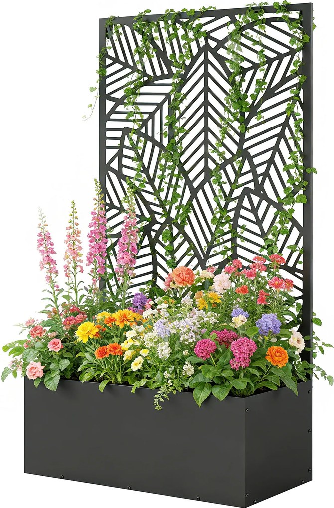 Outsunny fém emelt virágláda rácssal — falra szerelhető vagy önálló, levelekmintás takaráspanel | Aosom