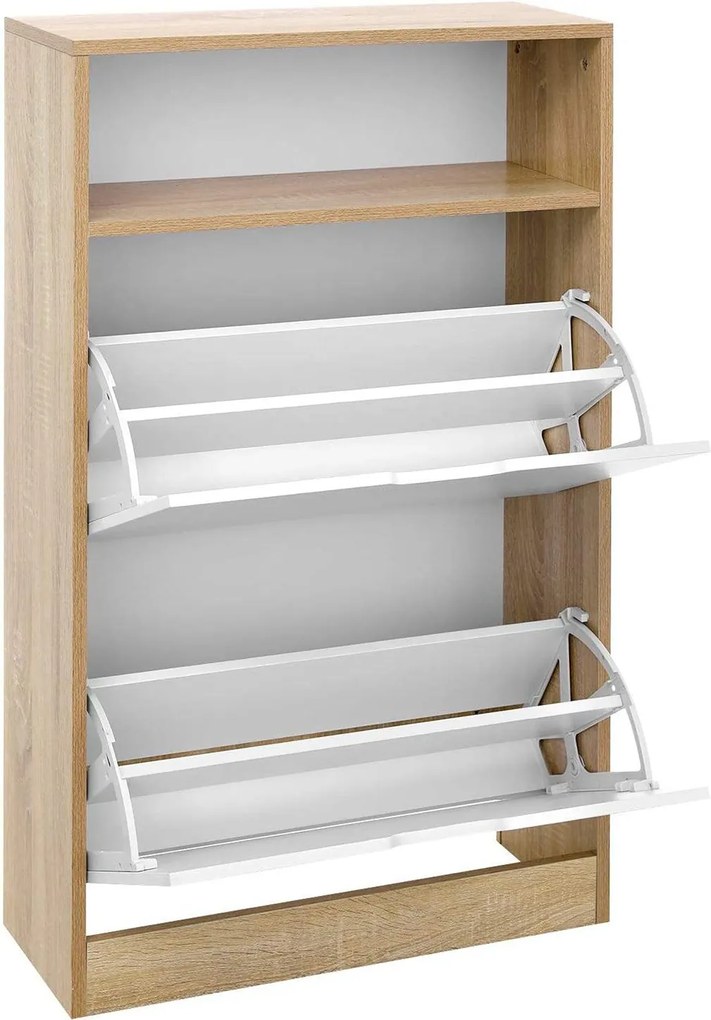 Cipős szekrény, három polcos cipőtartó 2 ajtóval fehér-natúr