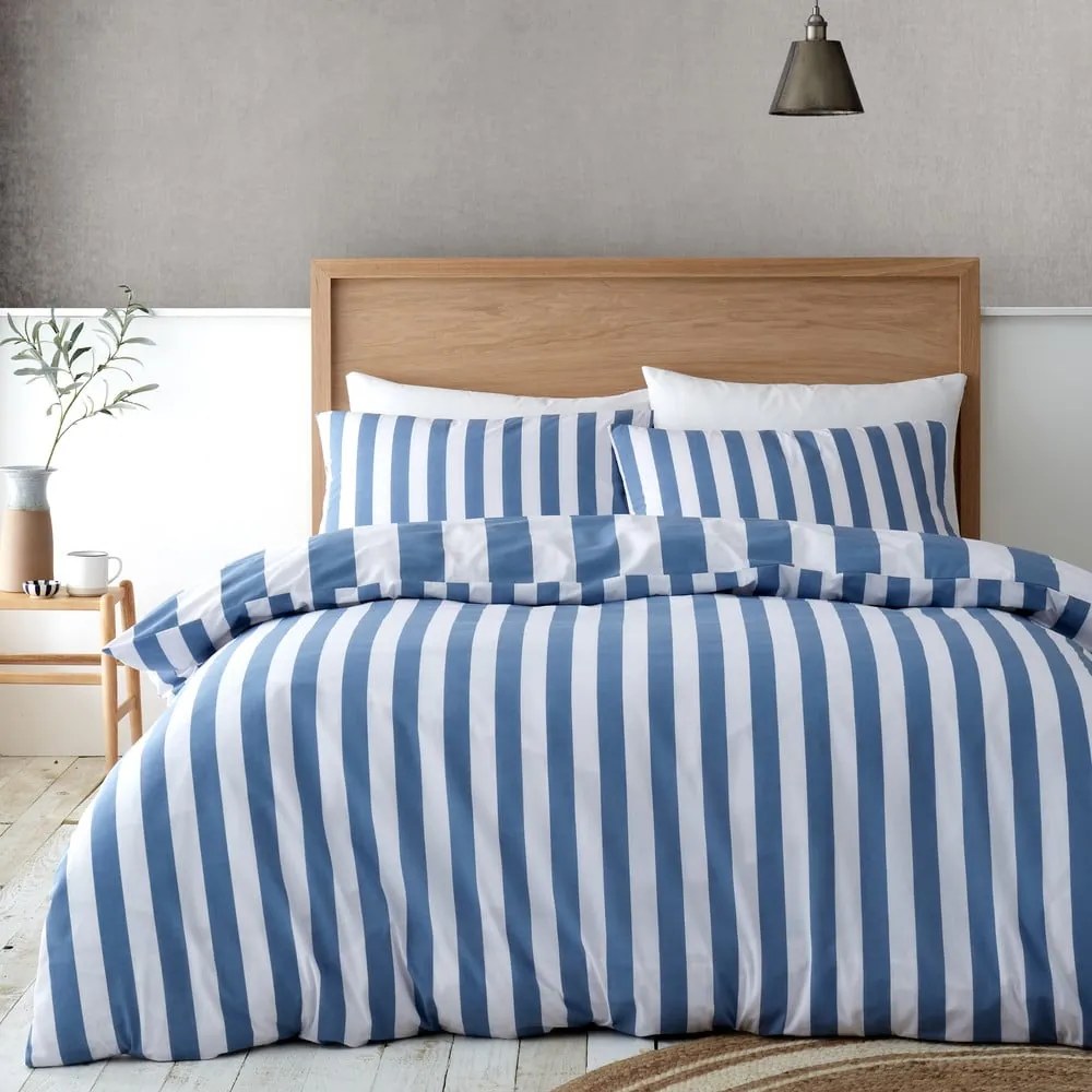 Fehér-kék kétszemélyes ágyneműhuzat 200x200 cm Cove Stripe – Catherine Lansfield