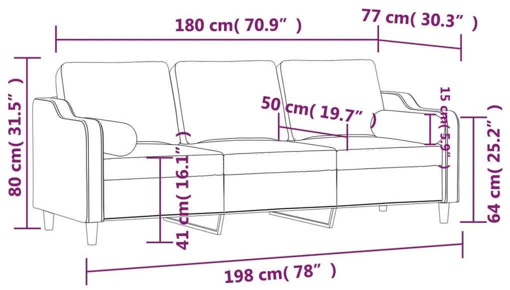 3 személyes fekete szövet kanapé díszpárnákkal 180 cm