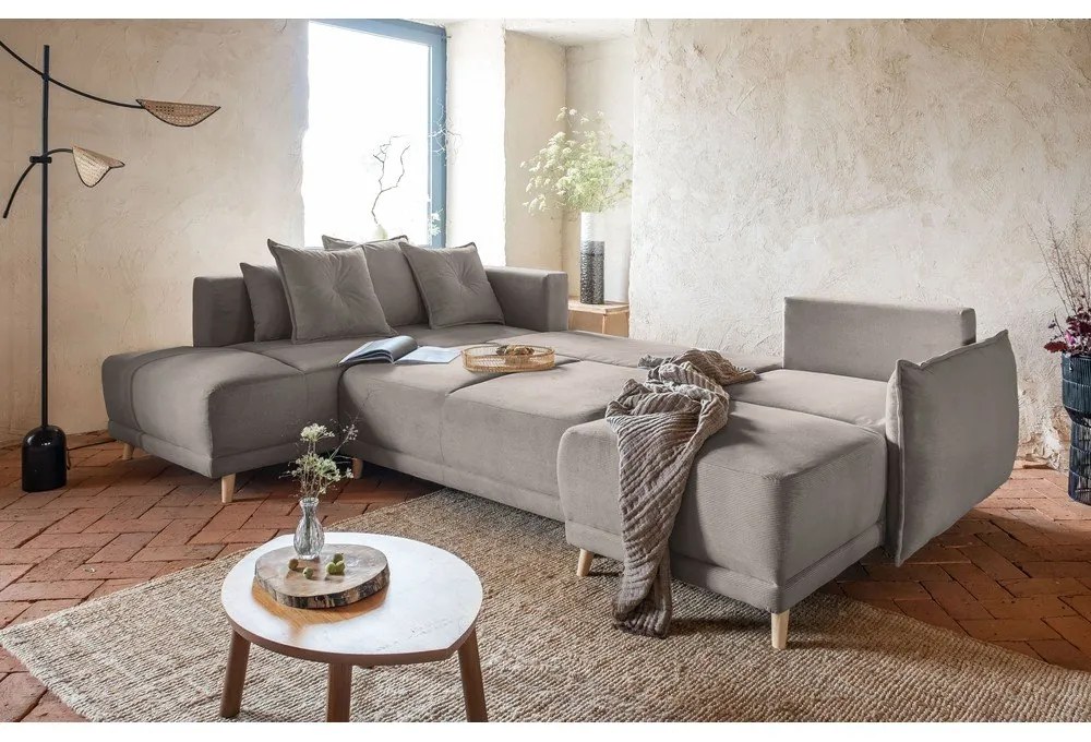 Világosbarna kordbársony kinyitható sarokkanapé (bal oldali-U alakú) Lazy Lukka – Miuform