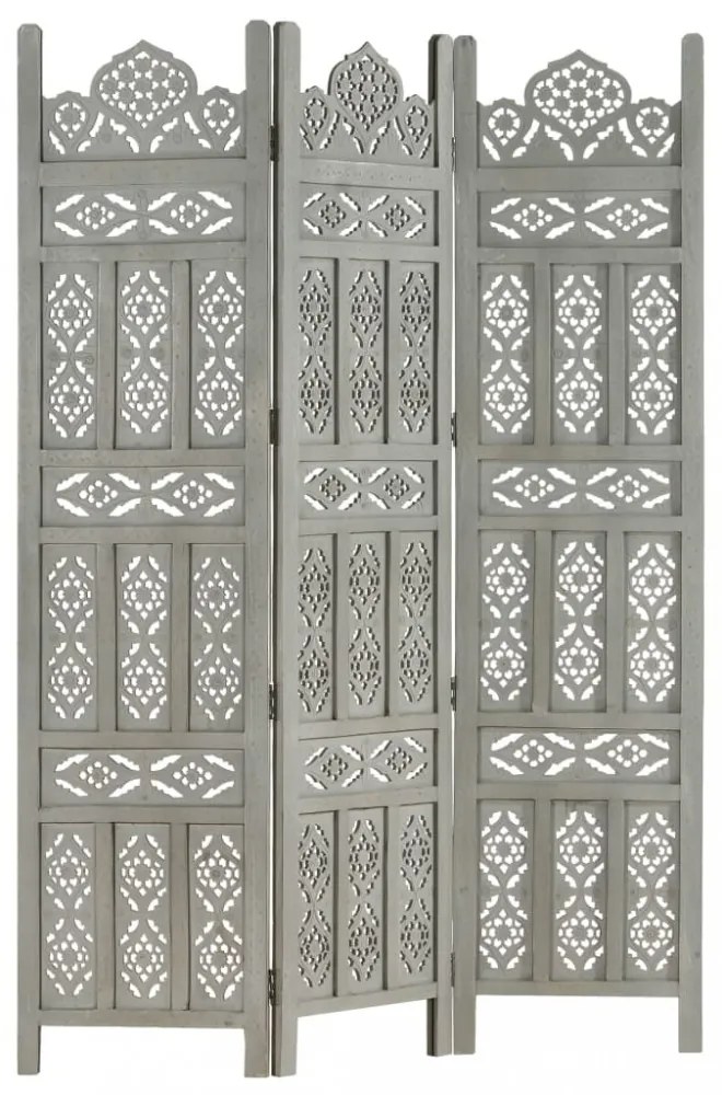 3-paneles szürke mangófa kézzel faragott térelválasztó 120x165cm