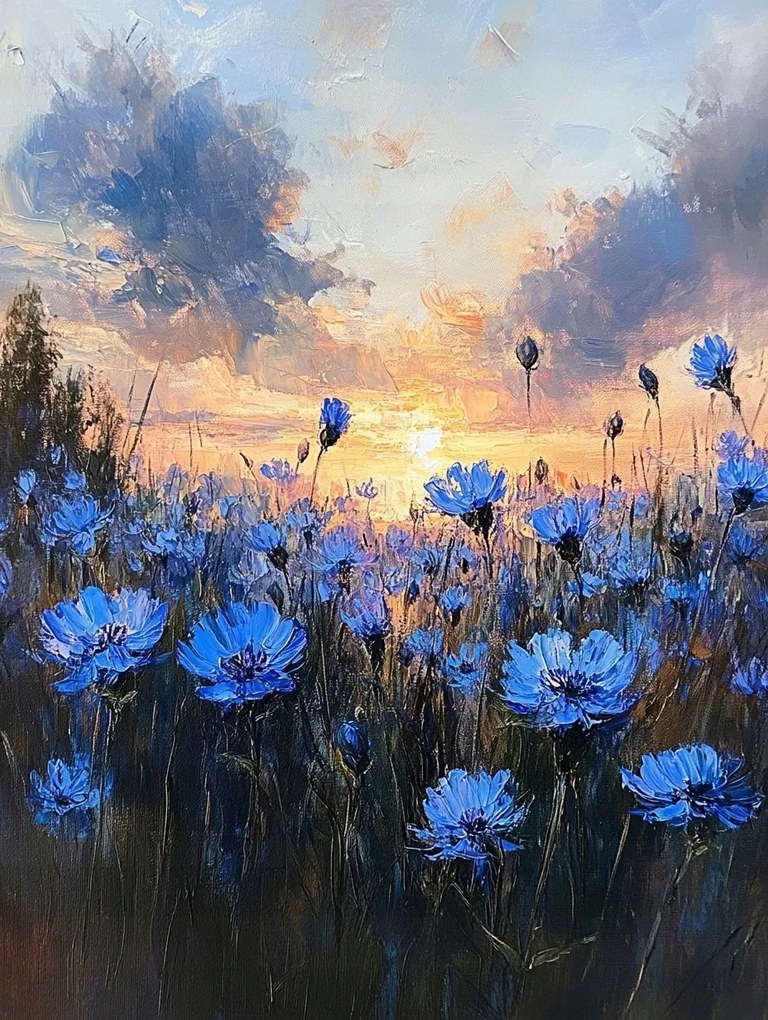 Vászonkép Canvas Tájkép Rét Mező Virágok Búzavirág Naplemente 60x80