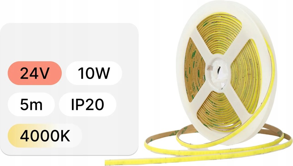 Led szalag Cob 24V 10W/m 320LED/m IP20 4000K CRI>90 – 5m, egyszínű