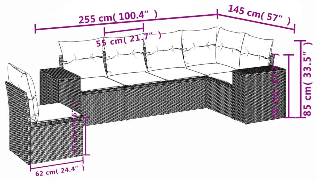 6 részes fekete polyrattan kerti ülőgarnitúra párnákkal