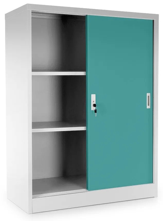 Közepes univerzális fém szekrény tolóajtókkal 90 x 40 x 120 cm, hengerzár, zöld - ral 6033