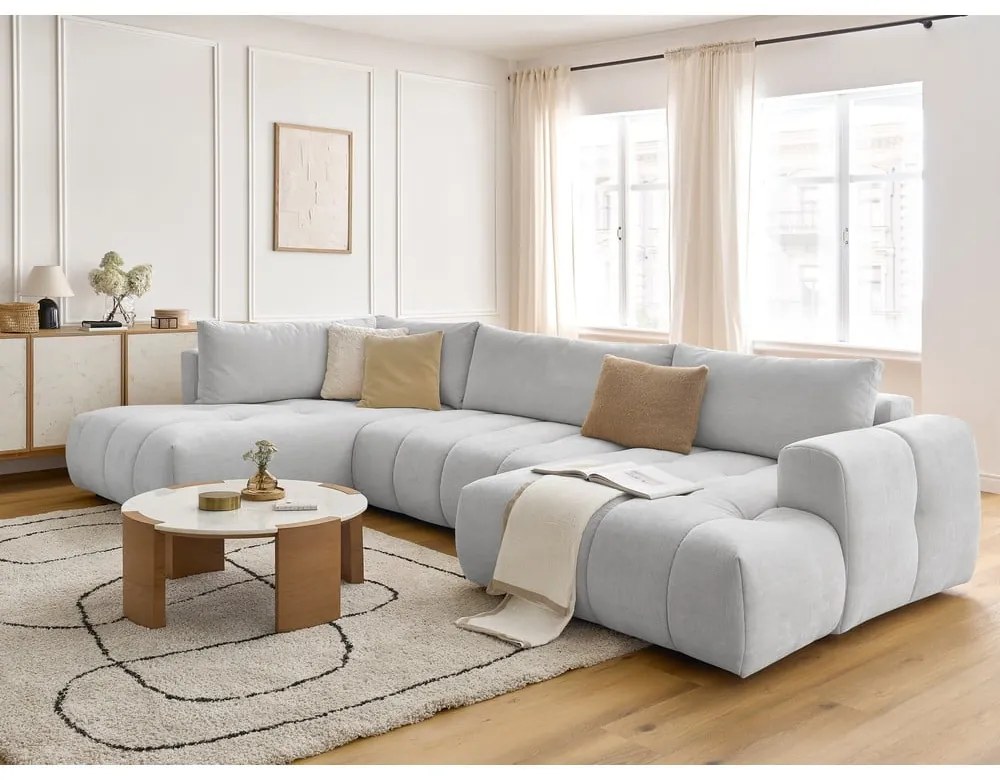 Világosszürke kinyitható-tárolóhelyes sarokkanapé (bal oldali-U alakú) Fuji – Bobochic Paris