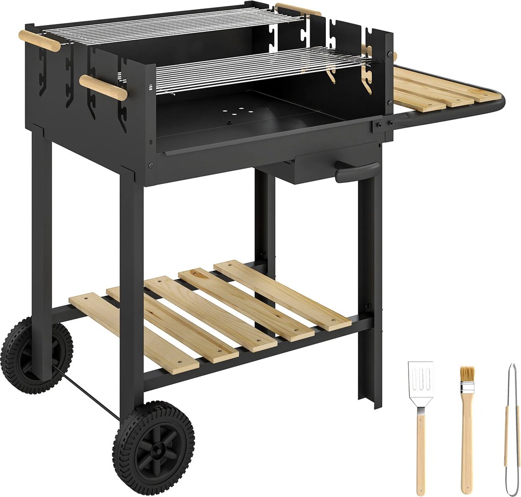 Outsunny faszenes grillkocsi fenyődíszítéssel, 2 állítható sütőrács, oldallap, alsó polc, hamugyűjtő fiók és kerekek — fekete | Aosom