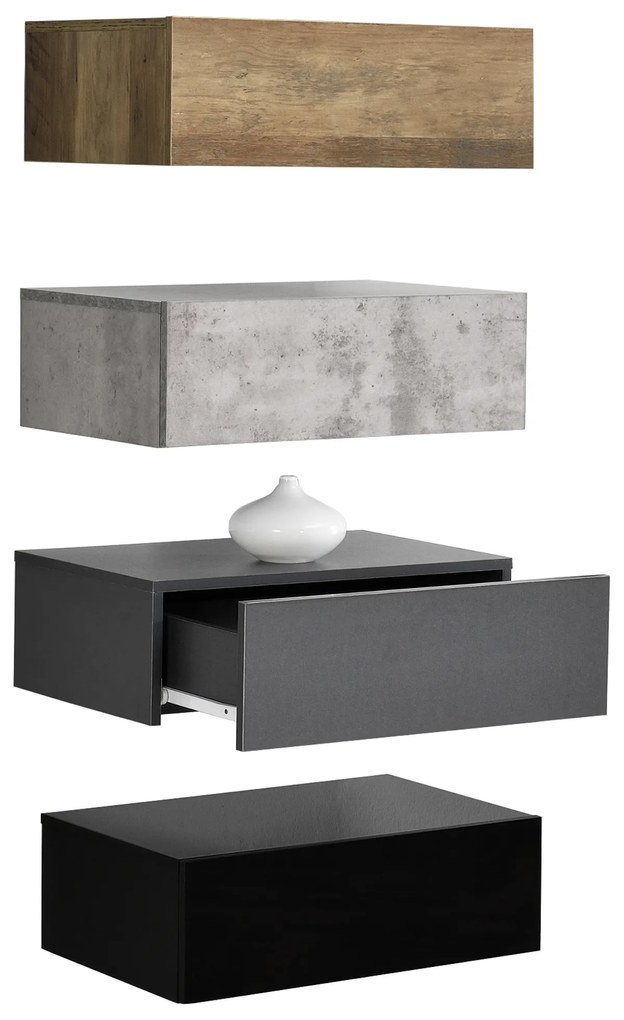 Falra szerelhető éjjeliszekrény szett 4 db, fiókos fa/beton/szürke/fekete [en.casa]
