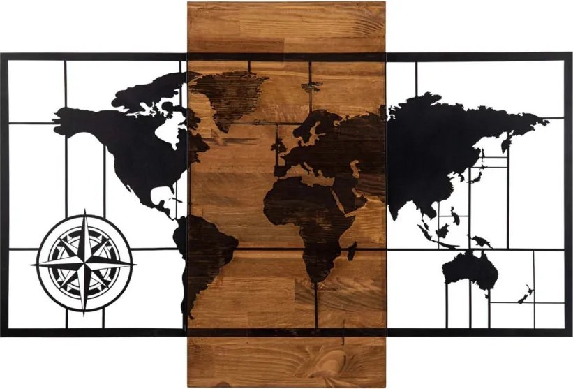 World Map With Compass fa-fém világtérkép faldekoráció