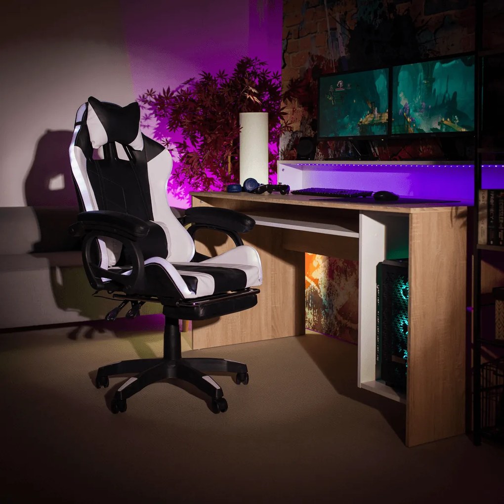 Irodai/gamer szék RGB LED világítással, fekete/fehér, JOVELA
