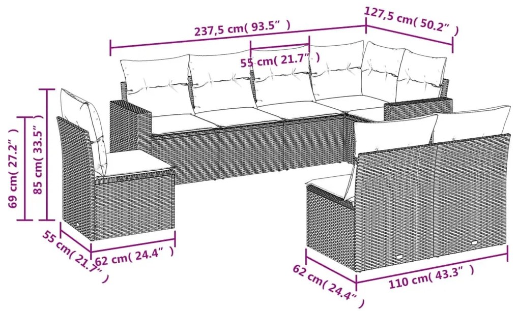 8 részes szürke polyrattan kerti ülőgarnitúra párnákkal