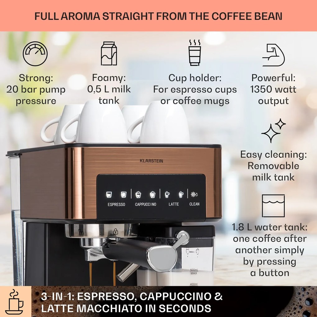 Klarstein Arabica Comfort, kávégép portaszűrővel, 1350 W, 20 bar, 1,8 l, érintőképernyő