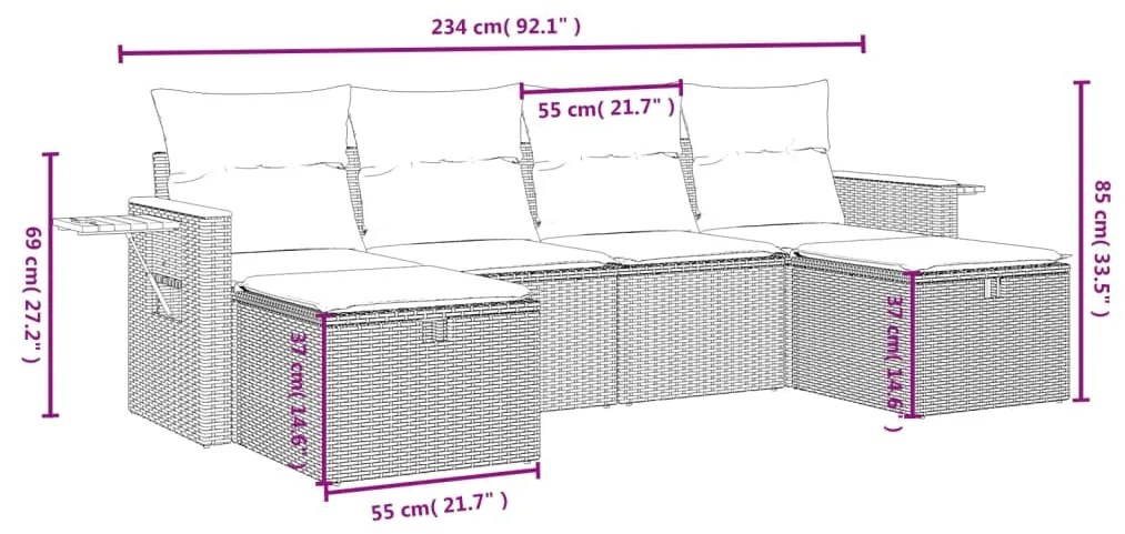 vidaXL 5 részes fekete polyrattan kerti kanapészett párnákkal