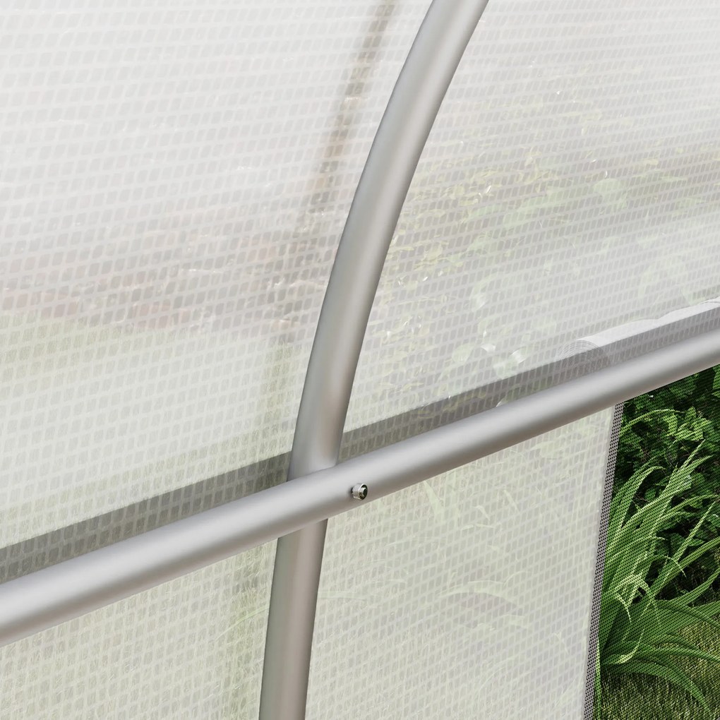Outsunny Tunneles Üvegház 24 m² PE Borítással, Galvanizált Acél Keret Ø 24 mm, 12 Zöld Ablakkal és Roller Ajtóval, 8 x 3 x 2 m Fehér | Aosom