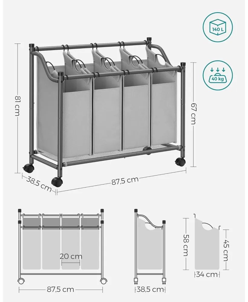 Szövet szennyeskosár 4 kivehető zsákkal 4x35L, szürke