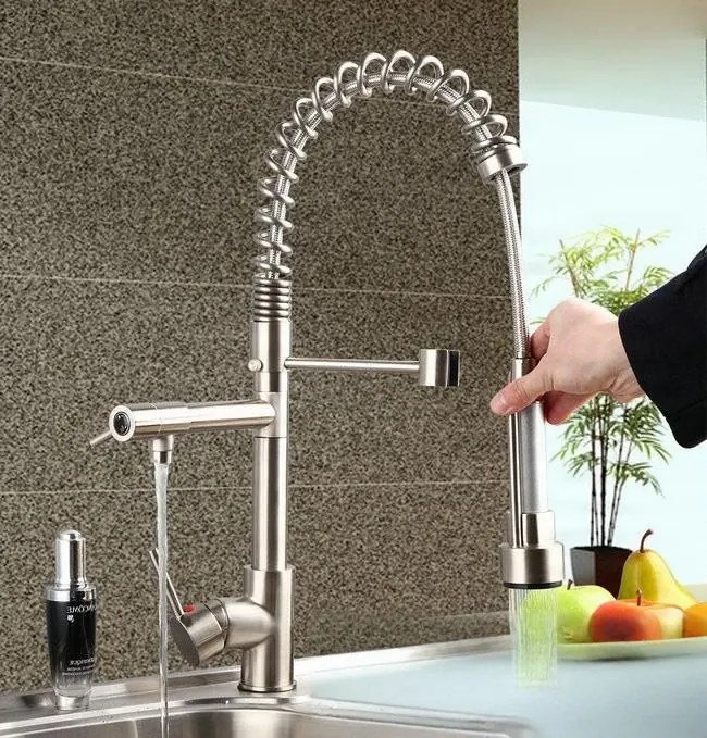 Konyhai csaptelep EYN0141 kihúzható zuhanyfejjel, két kifolyóval és többféle színváltozatban — 50 cm — LED-világítás nélkül — Nikkel