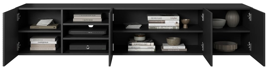 Asha fali RTV szekrény 200 cm - fekete matt, bordázott előlap / nyitott polc