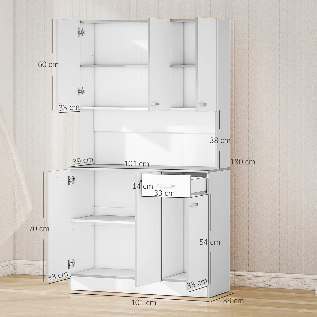 HOMCOM Modern konyhai büfé szekrény, több tároló 6 ajtóval, 1 fiókkal + nagy munkafelület, méret: 101L x 39Sz x 180Ma cm fehér és szürke színben | Aos