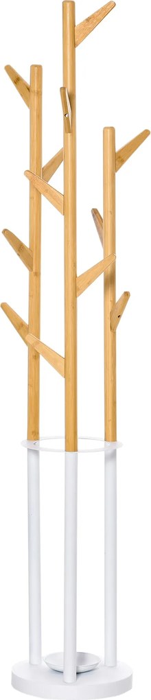 HOMCOM Kabátállvány, Ruhatartó 12 Horoggal és Esernyőtartóval, Fának Formázott Gardrób, Modern Kabátállvány Ruhákhoz, Sapkához, Táskához, Nappaliba, H