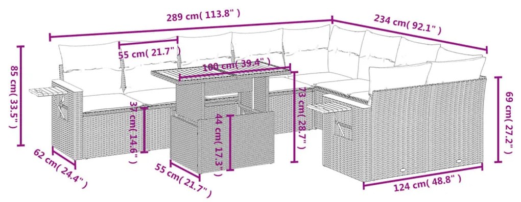 10 részes bézs polyrattan kerti ülőgarnitúra párnával