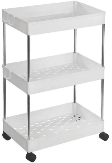 3 szintes konyhai polc Fürdőszoba polc kerekeken 40x22x60cm fehér