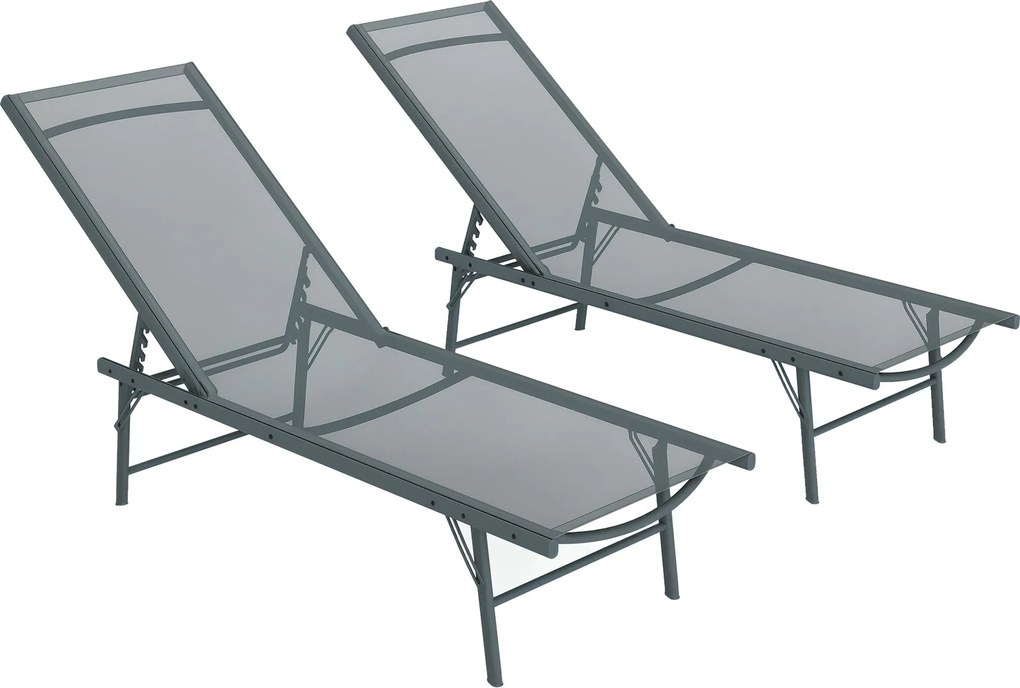 Outsunny 2 db-os Kerti Napozó Székek Kültéri Összecsukható Napozók Öt Pozícióban Állítható Fém Kerettel és Lélegző Hálós Üléssel Strandhoz és Medencéh