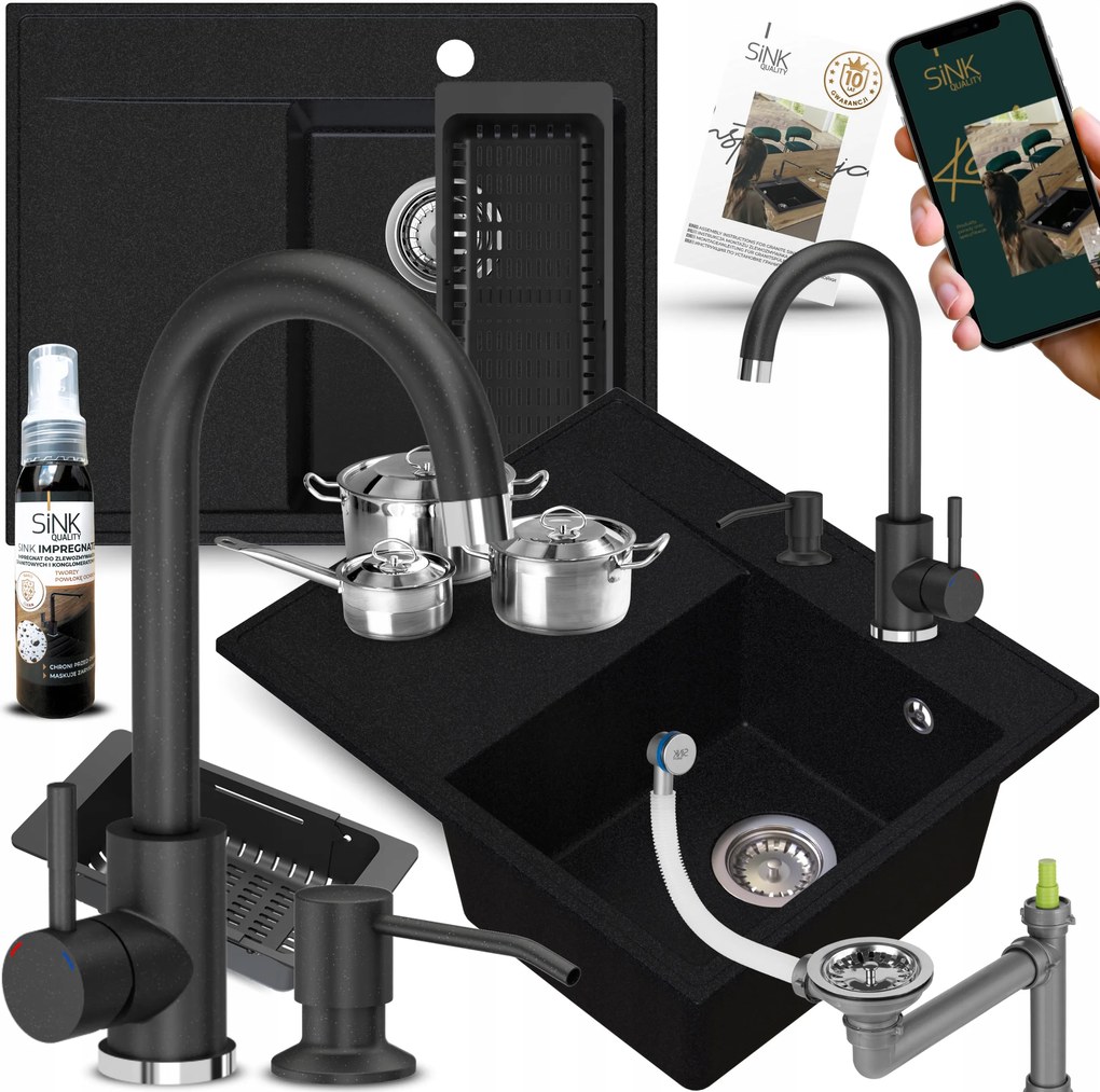 Gránit mosogató Adagolóval+csaptelep fekete pöttyös Jobbos Rekesz