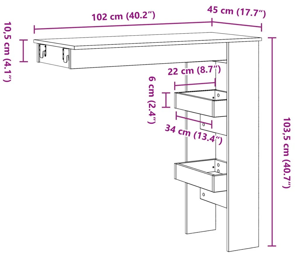 Falra szerelhető bárasztal - Fekete tölgy - 102x55x103.5 cm - Mérnöki fából készült