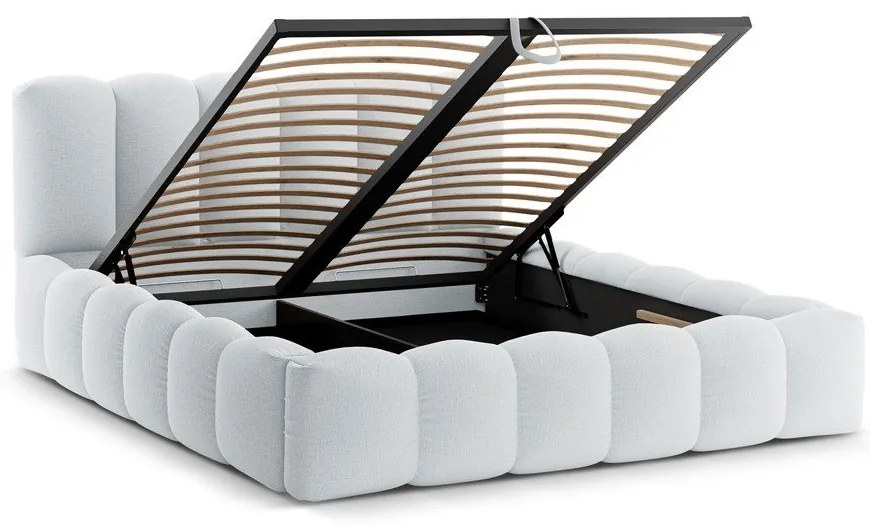 Világosszürke kárpitozott ágyneműtartós franciaágy ágyráccsal 200x200 cm Lupine – Micadoni