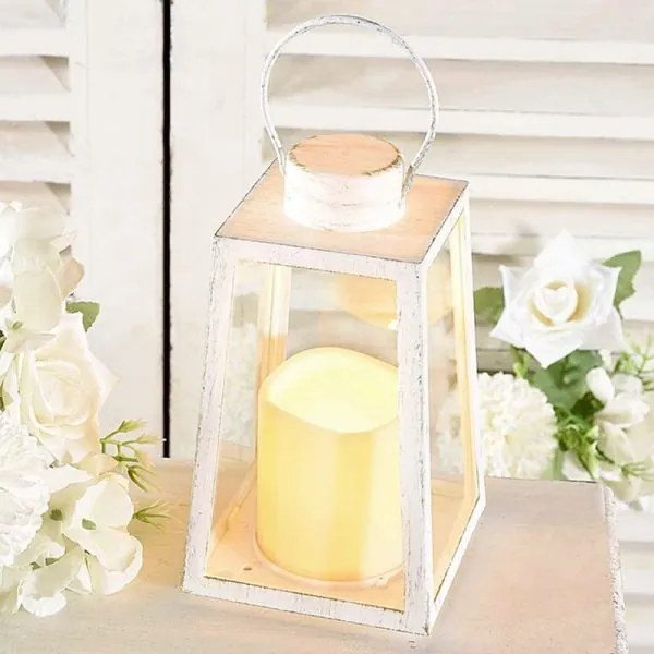 antik fehér fém lámpás ledes gyertyával - 17,5x10x10 cm