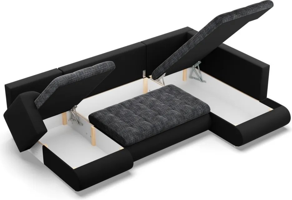 Tokio U sarokkanapé, 3 ágyneműtartóval, fonott + műbőr, jobboldali, szürke - fekete