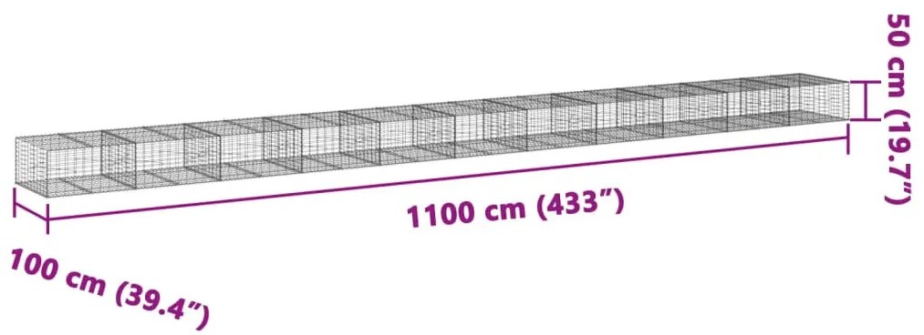 horganyzott vas gabion kosár fedéllel 1100 x 100 x 50 cm