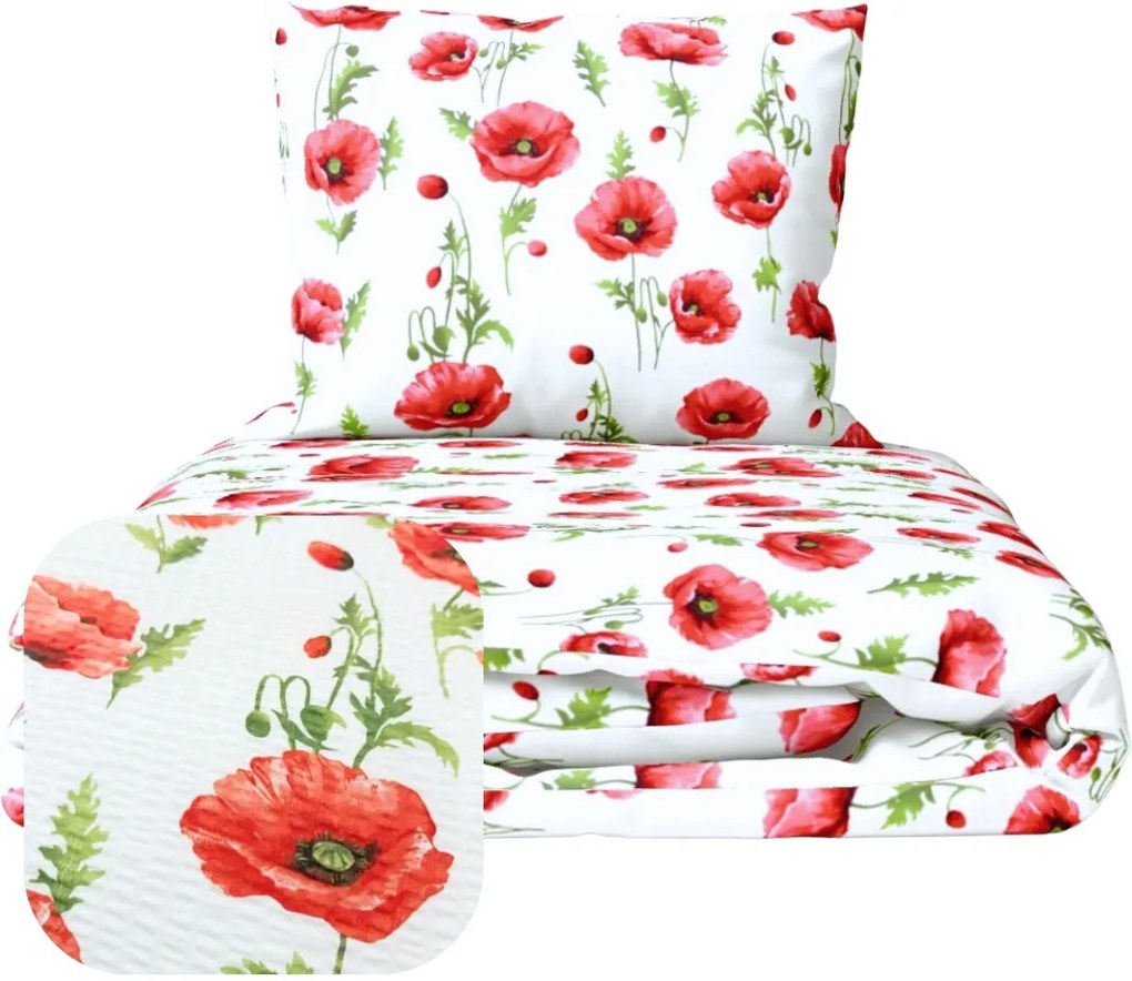 Fehér pipacsok krepp ágyneműhuzat TiaHome - 1x Párna 90x70cm, 1x Paplan 140x200cm