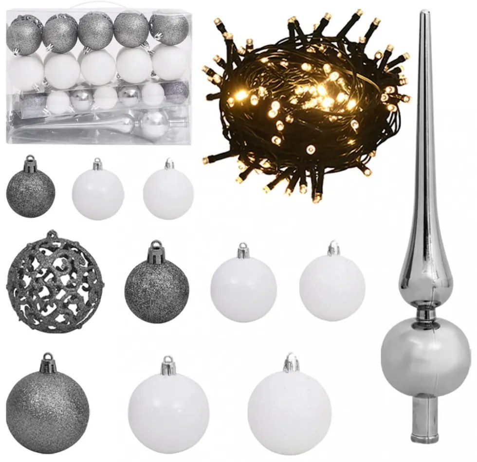61 részes fehér-szürke karácsonyi gömbszett csúccsal + 150 LED