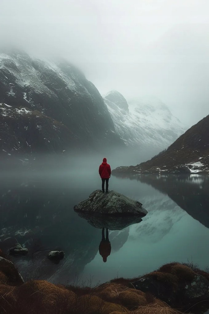 Vászonkép Canvas Norvégia Hegyek Fjord Tél Ember Magány 80x120
