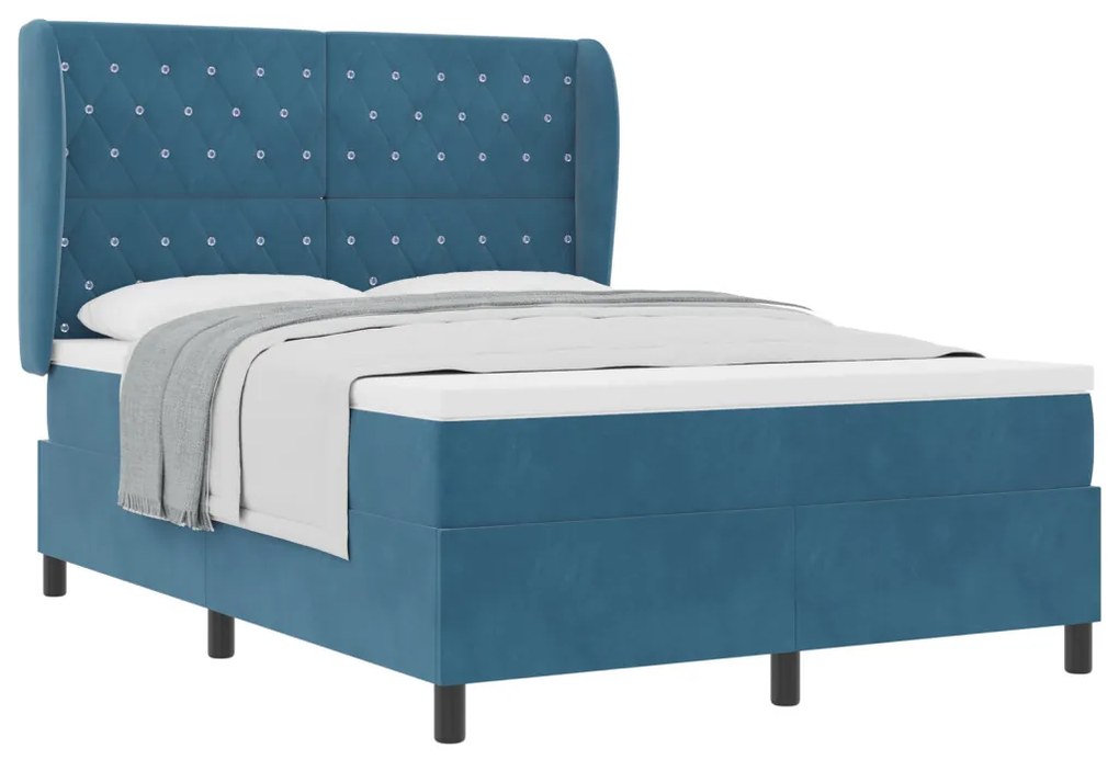 Boxspring Ágy Matraccal Sötét Kék - 140x200 cm - Bársony