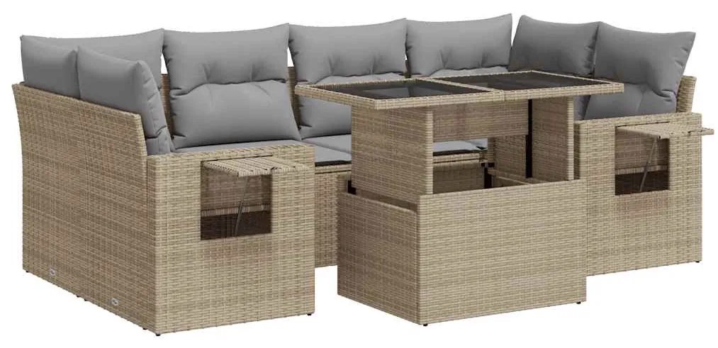7 részes bézs polyrattan kerti ülőgarnitúra párnákkal