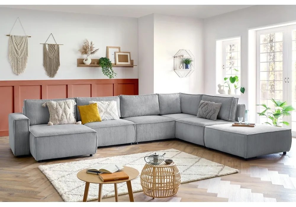 Világosszürke kordbársony sarokkanapé (jobb oldali-"U" alakú) Nihad modular – Bobochic Paris